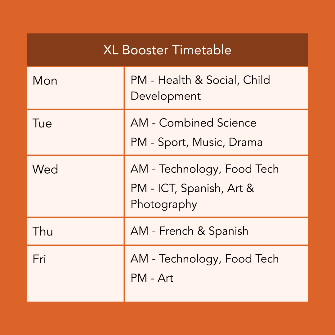 Table explaining the booster sessions available. Students are also told about these in school time. 